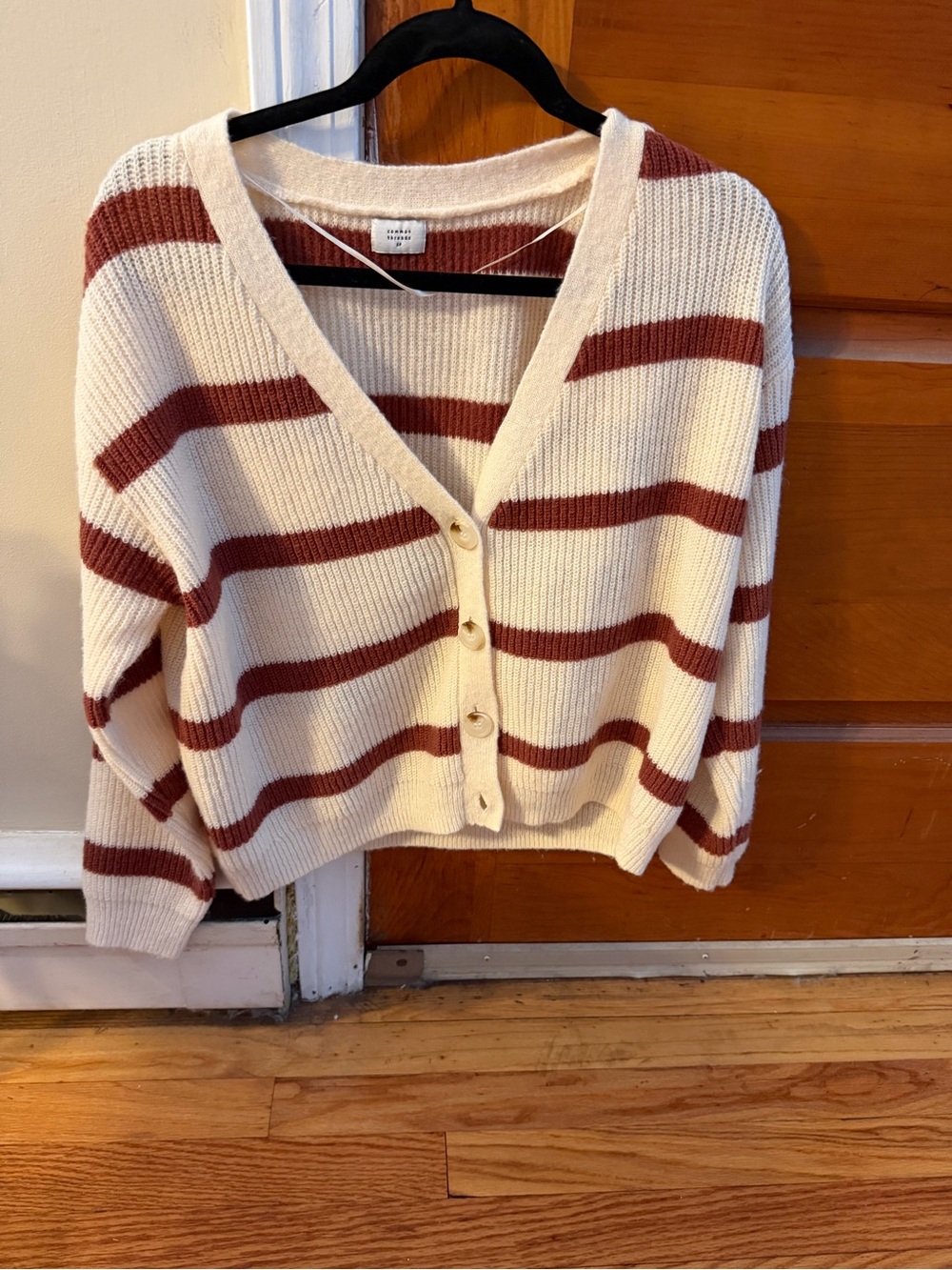 Cozy V-Neck Button Cardigan Sweater - Cream & Rust Stripe